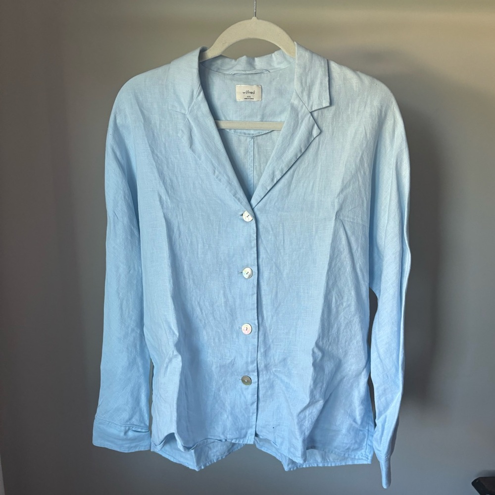 Aritzia Wilfred Blue Linen Button Down Shirt